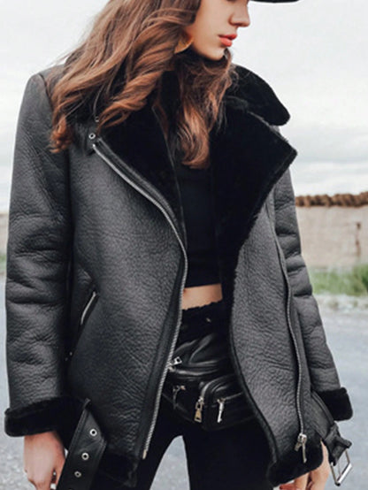 Women'S Long Sleeve Front Zipper Pocket Fluffy Lined Jacket, Casual Everyday,Ladies Winter Casual Belted Collar Loose Black Colorblock,Plain Women Jackets,Winter Warmth/ Winter Fashion