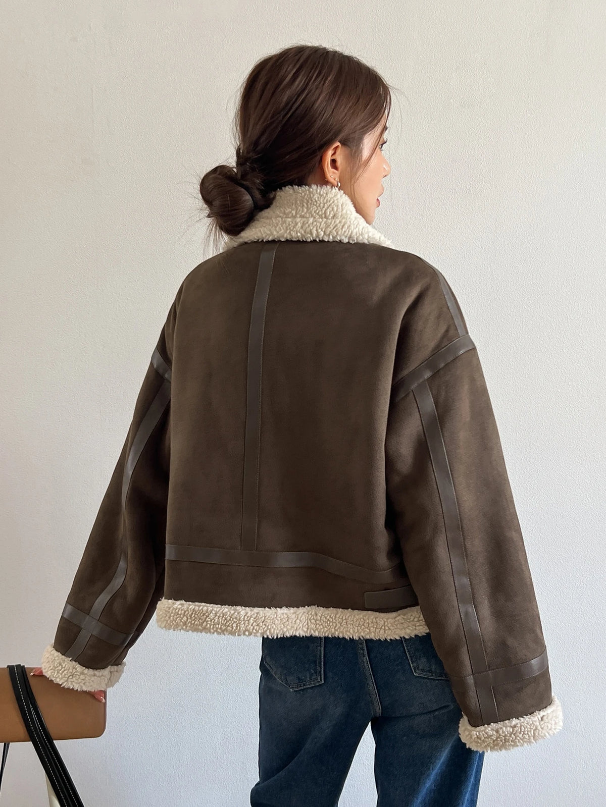 DAZY Drop Shoulder Teddy Lined Zip up Jacket,Fall Women Clothes
