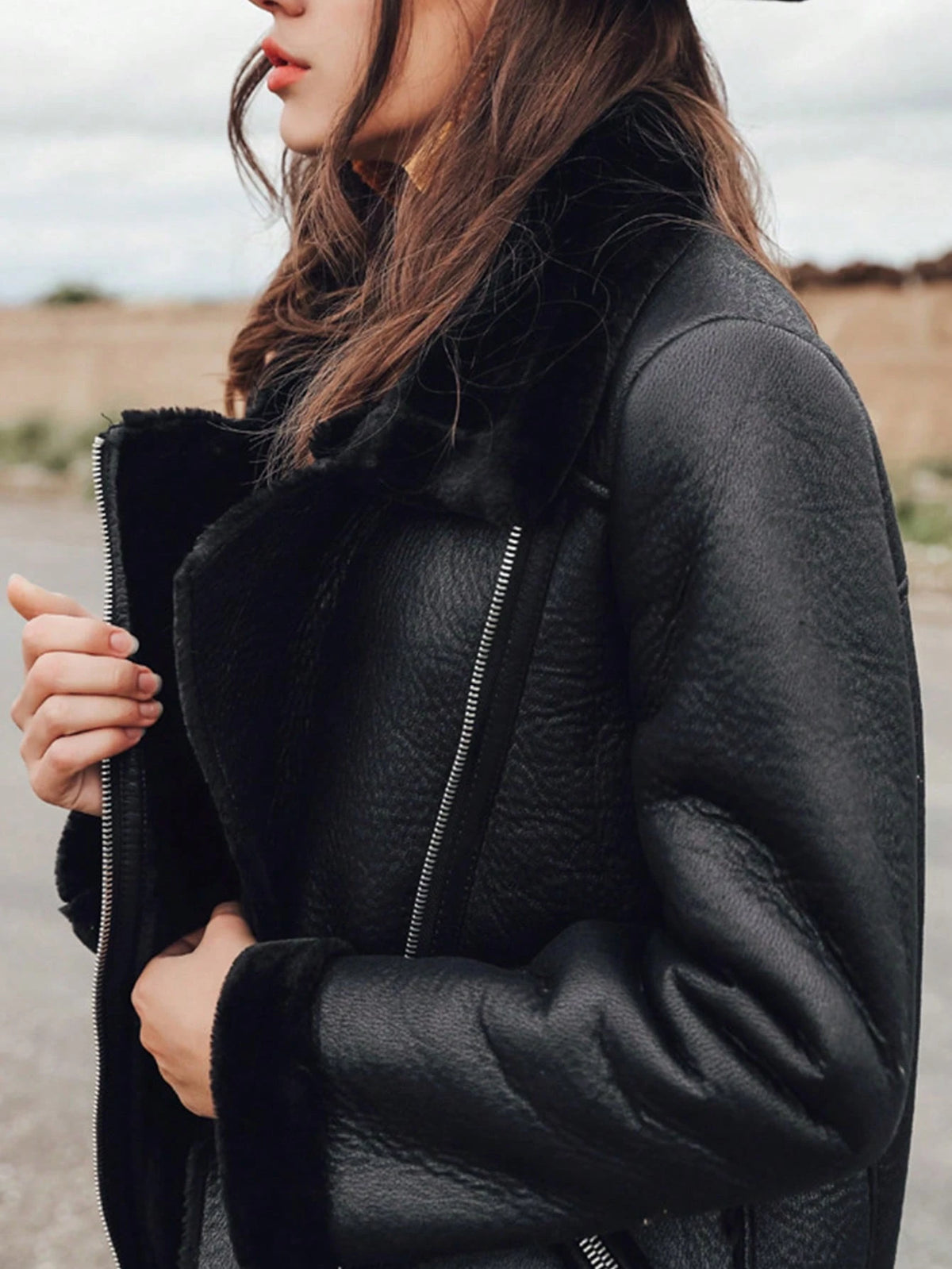 Women'S Long Sleeve Front Zipper Pocket Fluffy Lined Jacket, Casual Everyday,Ladies Winter Casual Belted Collar Loose Black Colorblock,Plain Women Jackets,Winter Warmth/ Winter Fashion
