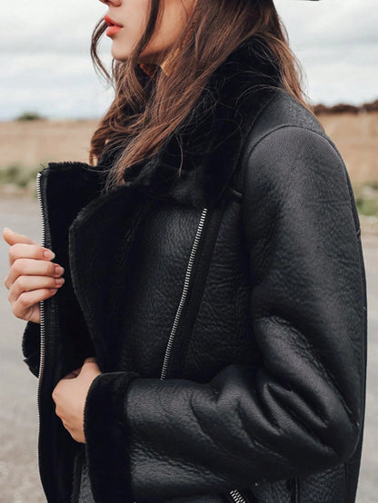 Women'S Long Sleeve Front Zipper Pocket Fluffy Lined Jacket, Casual Everyday,Ladies Winter Casual Belted Collar Loose Black Colorblock,Plain Women Jackets,Winter Warmth/ Winter Fashion