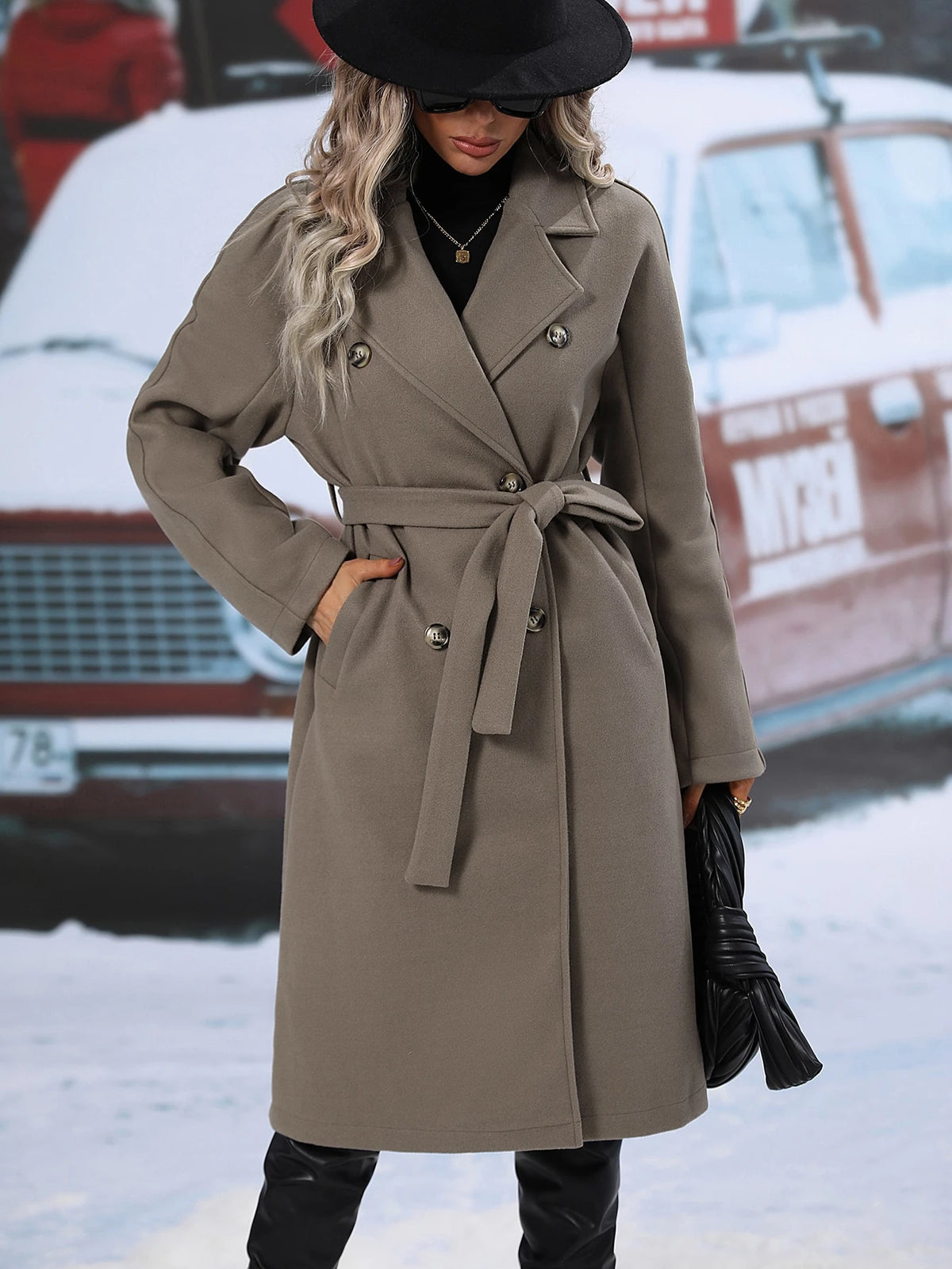 LUNE Lapel Neck Double Breasted Belted Overcoat Fall Winter Cloth for Women