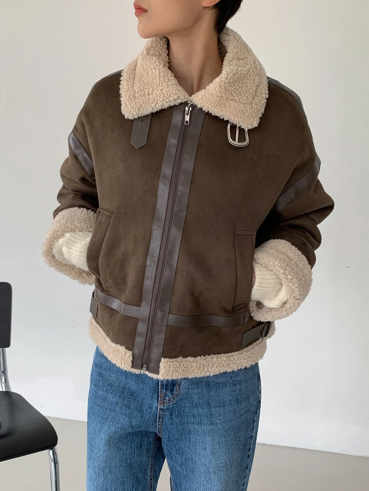 DAZY Drop Shoulder Teddy Lined Zip up Jacket,Fall Women Clothes