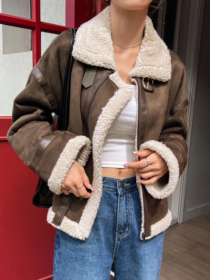 DAZY Drop Shoulder Teddy Lined Zip up Jacket,Fall Women Clothes