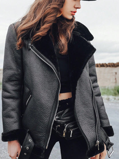 Women'S Long Sleeve Front Zipper Pocket Fluffy Lined Jacket, Casual Everyday,Ladies Winter Casual Belted Collar Loose Black Colorblock,Plain Women Jackets,Winter Warmth/ Winter Fashion