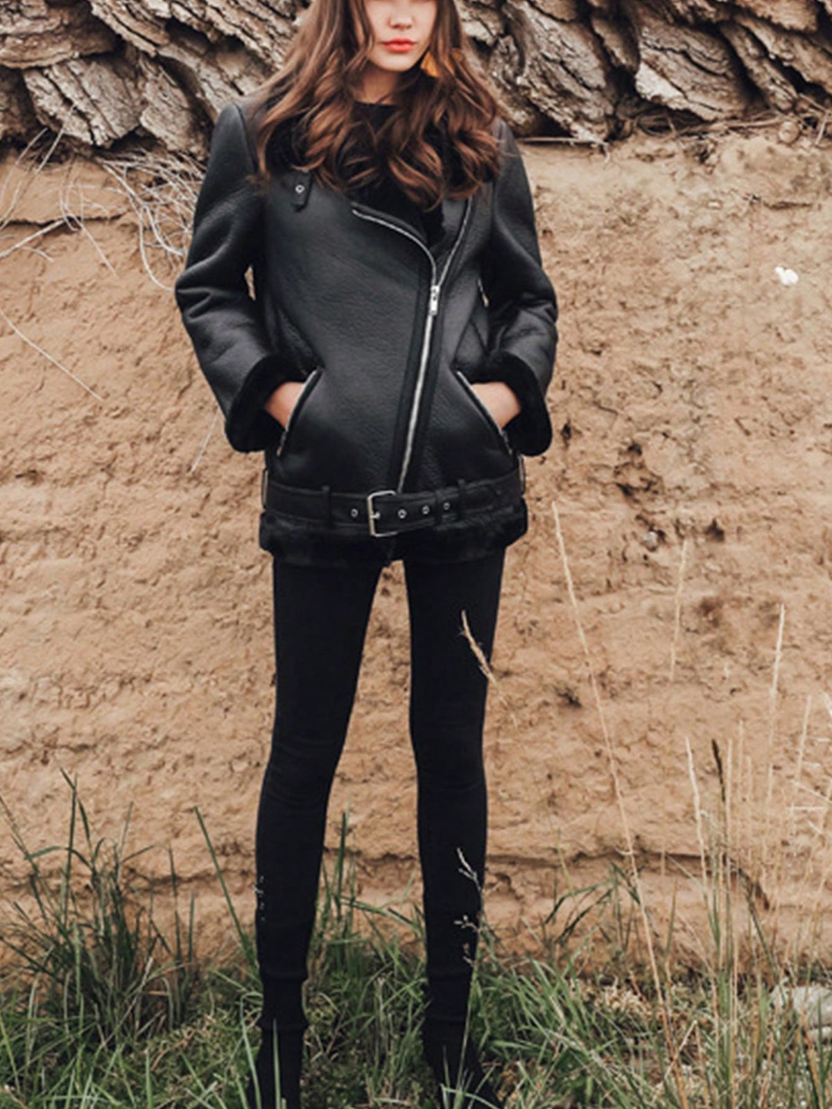 Women'S Long Sleeve Front Zipper Pocket Fluffy Lined Jacket, Casual Everyday,Ladies Winter Casual Belted Collar Loose Black Colorblock,Plain Women Jackets,Winter Warmth/ Winter Fashion