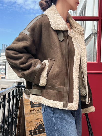 DAZY Drop Shoulder Teddy Lined Zip up Jacket,Fall Women Clothes