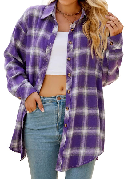 Plaid Flannel Shirts for Women Oversized Long Sleeve Button down Shirts Blouses Tops