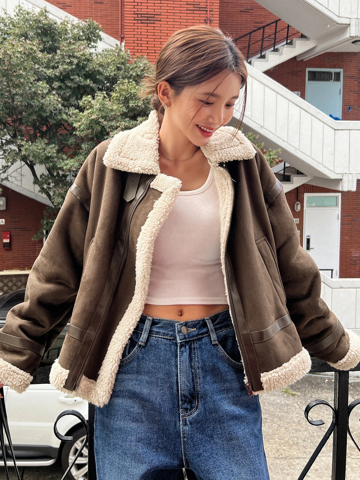DAZY Drop Shoulder Teddy Lined Zip up Jacket,Fall Women Clothes