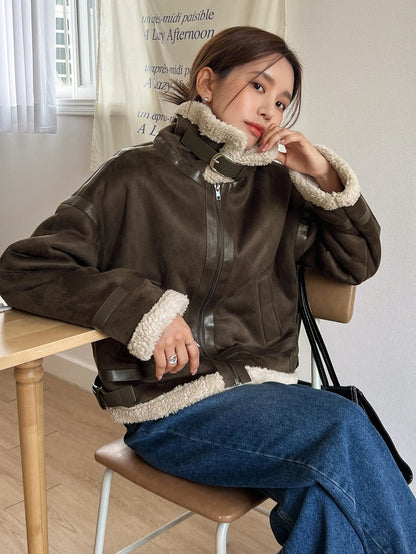 DAZY Drop Shoulder Teddy Lined Zip up Jacket,Fall Women Clothes