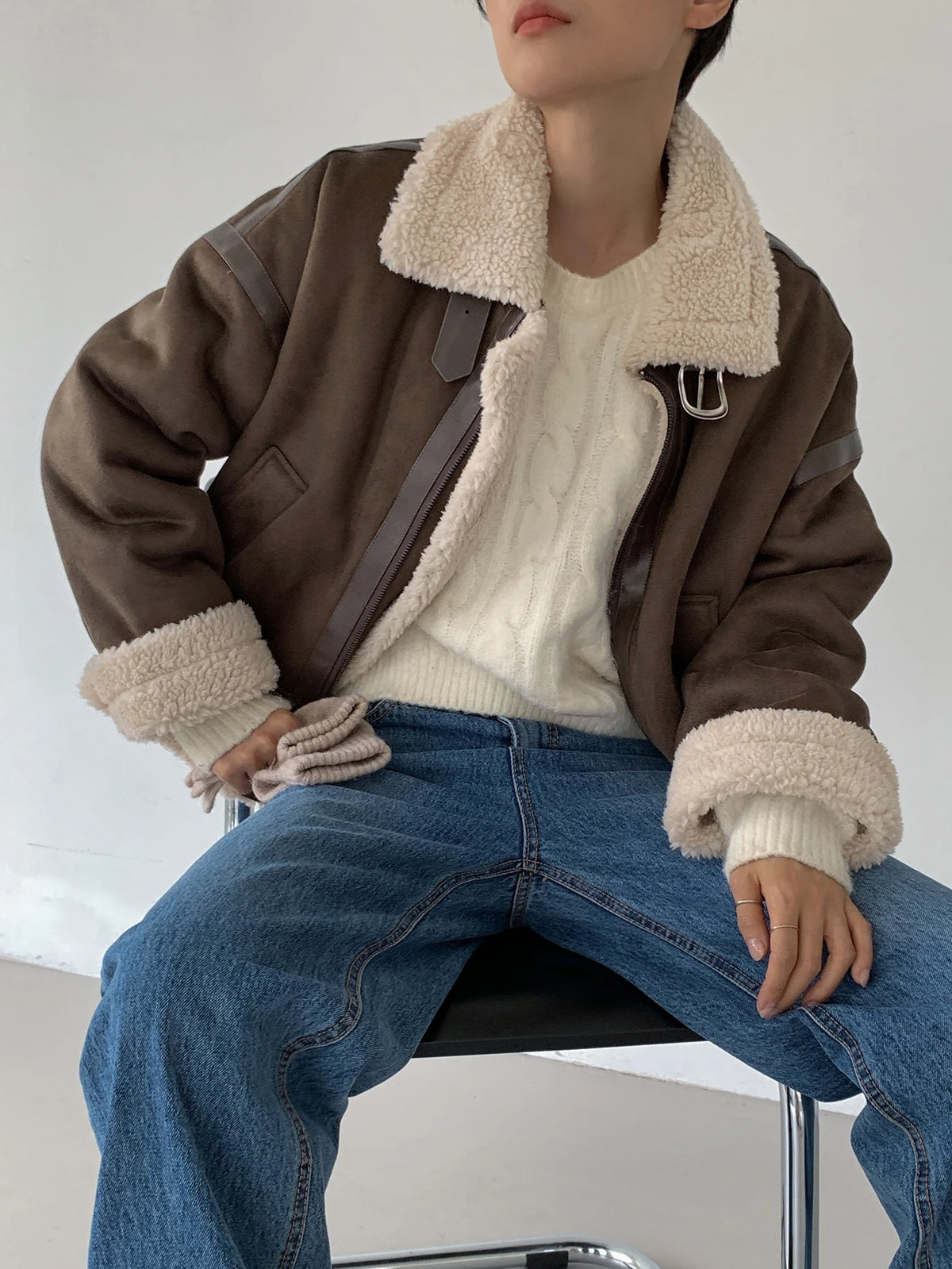 DAZY Drop Shoulder Teddy Lined Zip up Jacket,Fall Women Clothes